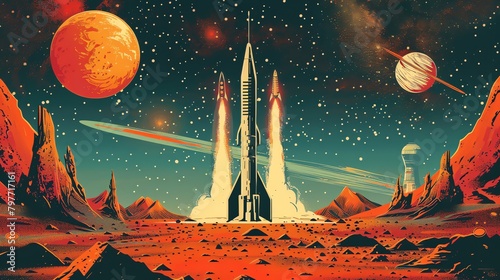 Retro futurism scene with rockets and planets, adventurous and vintage, vector illustration, classic scifi colors, no accurate space details