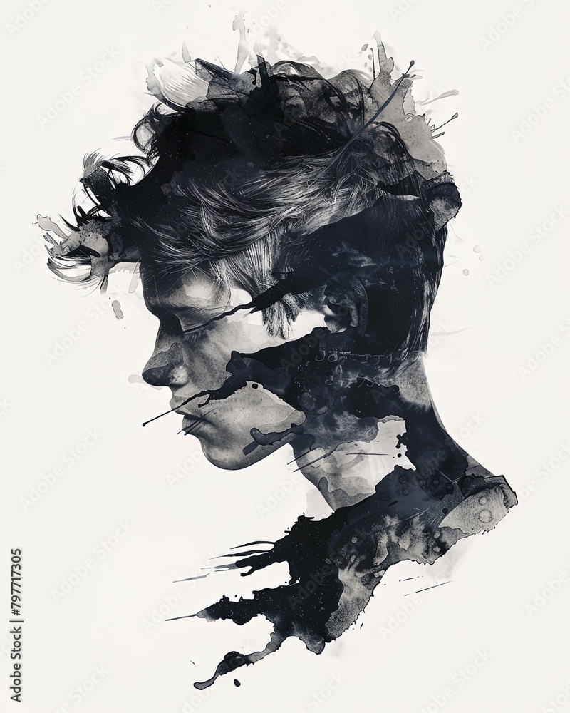 Fototapeta premium Watercolor illustration of a boy depression bad feelings background