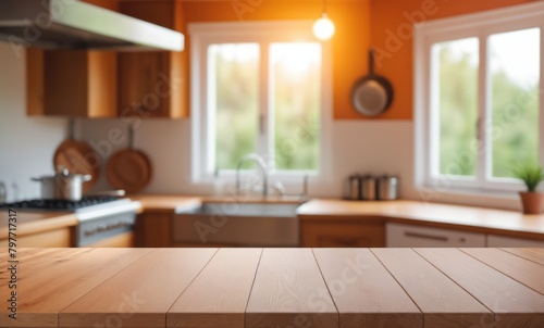 Wallpaper Mural Beautiful natural wooden table with kitchen background Torontodigital.ca