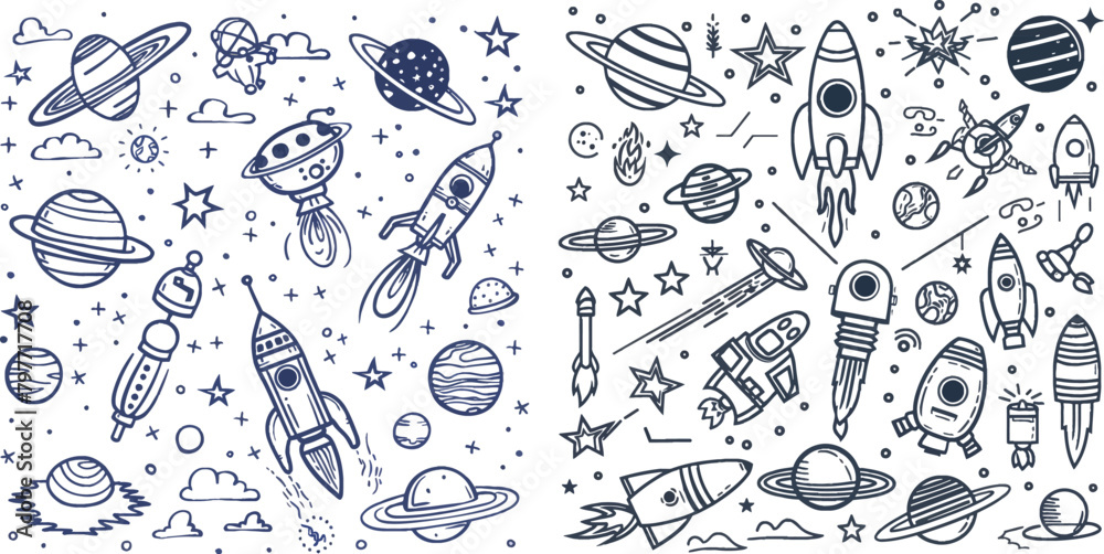 Space doodle linear icons Space doodle linear icons