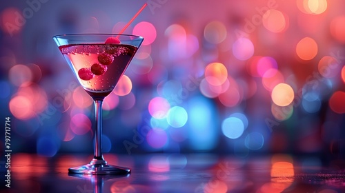Nightclub cocktail on table with colorful lights, ice martini glass dark glass photo