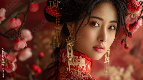 An Asian woman embracing her cultural heritage, her attire, accessories, and surroundings reflecting the rich traditions and customs of her ancestors