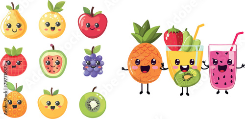 Fruits for kids. Cute fruit characters illustration, healthy juice cartoon kawaii