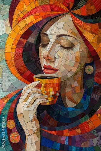 Mosaic portrait of a beautiful woman with a cup of coffee, generative AI.