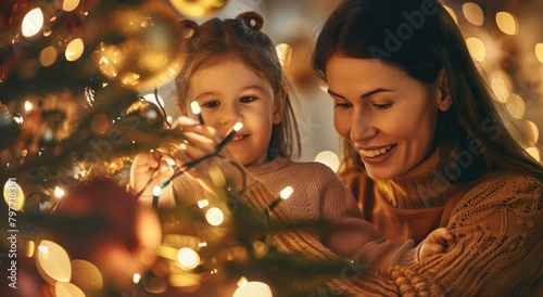 A young girl and her mother were decorating the Christmas tree together, both smiling with joy as they placed ornaments on it