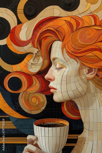 Mosaic portrait of a beautiful woman with a cup of coffee, generative AI.