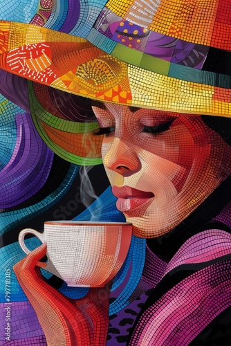 Mosaic portrait of a beautiful woman with a cup of coffee, generative AI. © Aga Bak