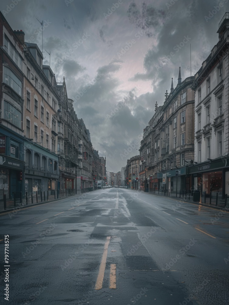 Eerie City Street Desolate During Lockdown Overcast Urban Scene								
