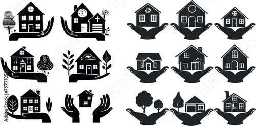 Save House icons. Houses in hands vector black icon se