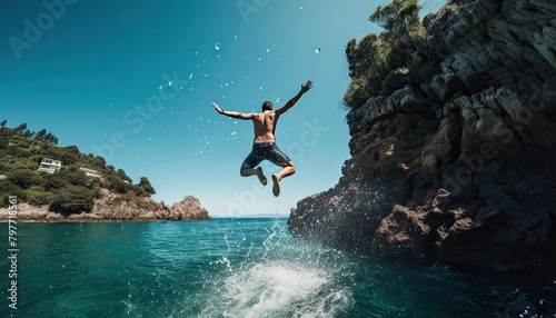 A man is leaping off a cliff and plunging into the ocean below in an extreme sports adventure