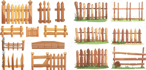Wooden enclosures. Wood fence, timber palisade garden railing cartoon fences types
