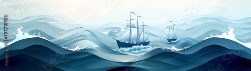 Nautical theme with ships and waves, adventurous and marine, vector design, blues and whites, stylized water patterns, no specific ship models