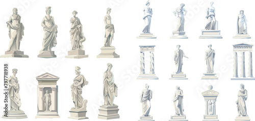Cartoon antique statues. Ancient historic monuments classical greece culture