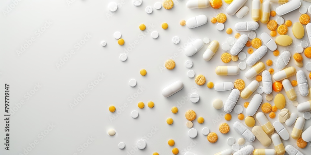 Assortment of various white and yellow pills and capsules on a light background with copy space Assortment of various white and yellow pills and capsules on a light background with copy space