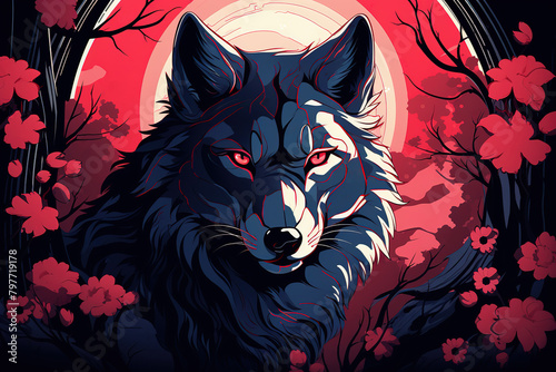 Wolf against the background of the red moon and flowering branches 