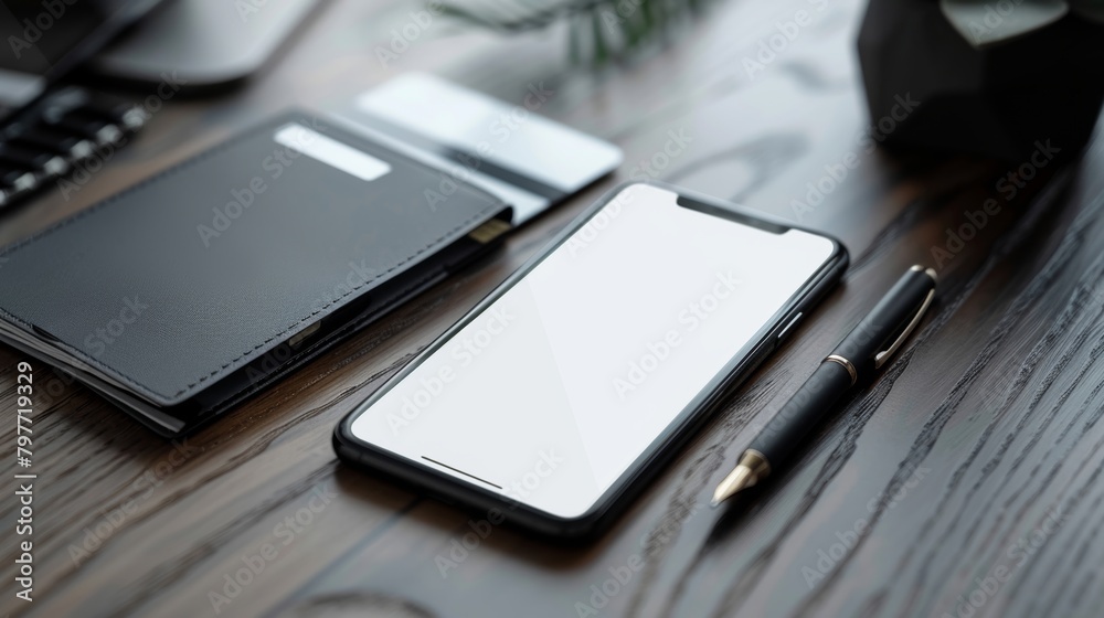 Smartphone with a blank white screen next to a credit card holder and pen on wooden surface Smartphone with a blank white screen next to a credit card holder and pen on wooden surface