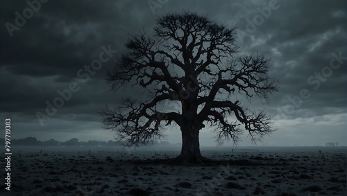 A menacing tree with bark as black as night  standing alone in a frost-covered field under a bleak sky ai_generated