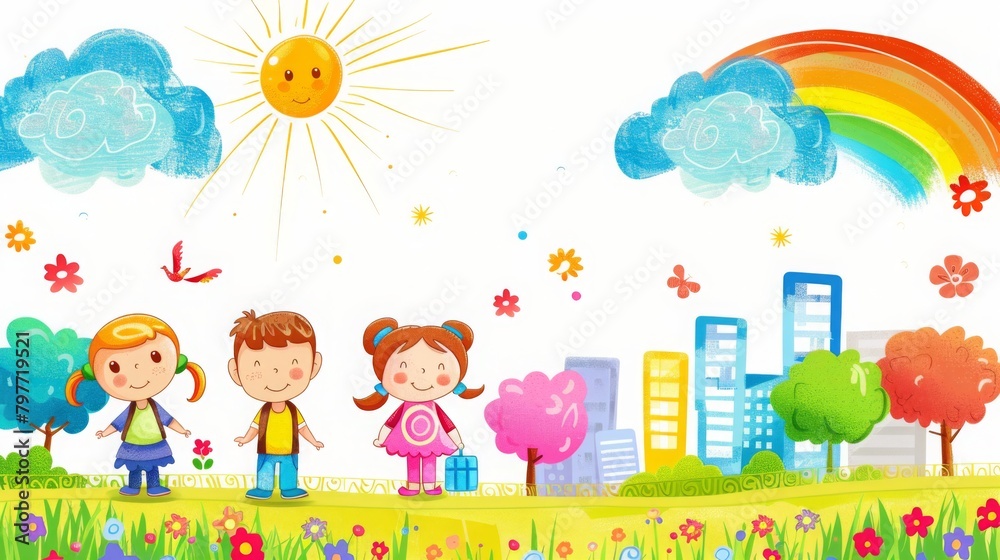 Cheerful Kids Walking in a Colorful Cityscape Cheerful Kids Walking in a Colorful Cityscape