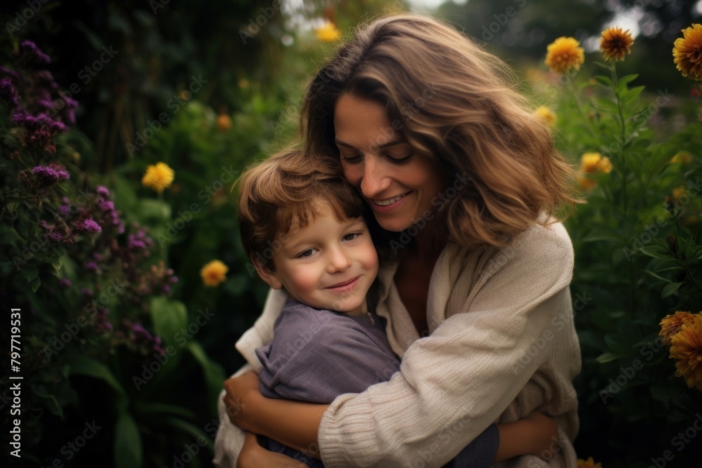 Mother and son hugging portrait outdoors flower. Mother and son hugging portrait outdoors flower.