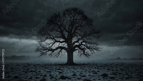 A menacing tree with bark as black as night, standing alone in a frost-covered field under a bleak sky ai_generated