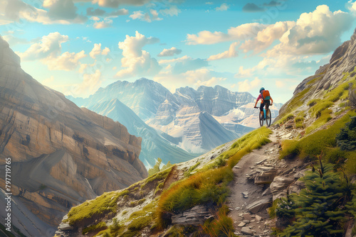 A mountain biker navigating a challenging trail  showcasing their skills amidst the rugged beauty of mountain landscapes