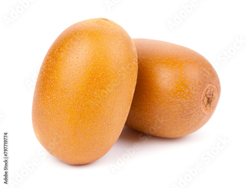 Two golden kiwis, vibrant and fresh, captured in high detail showcasing their unique texture and color, isolated on a white background, natural shadow © Jacek Fulawka