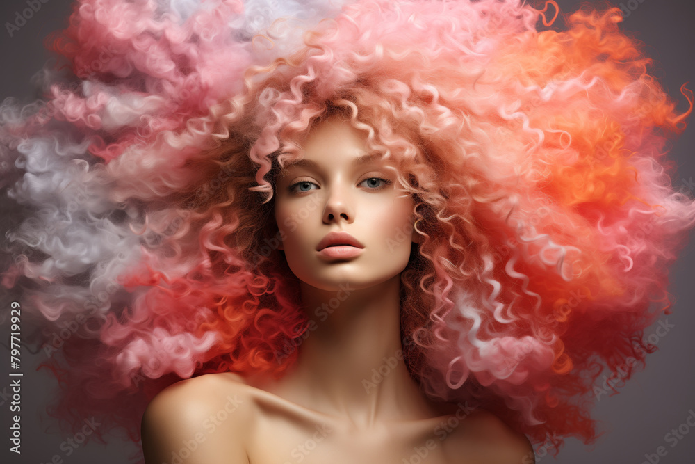 Close-up of the wavy volumetric big pink hair of a young fashionable modern woman isolated on a pastel background. Beauty and fashion concept. Woman with hair like fantasy rainbow pony