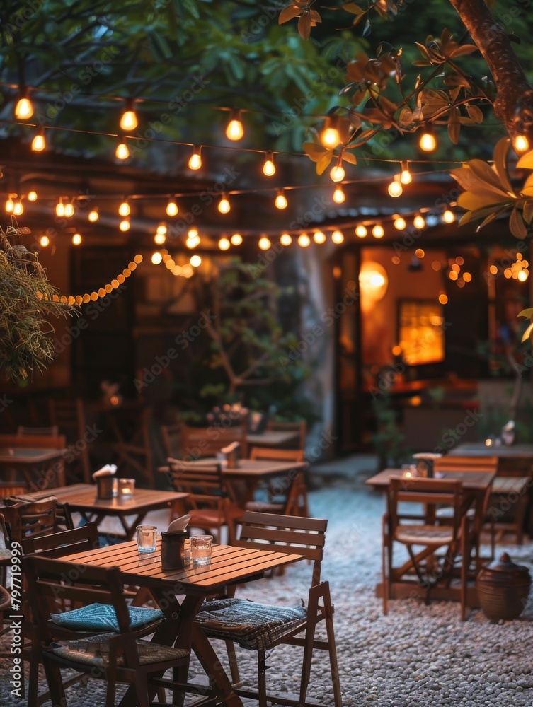 Outdoor Dining Under String Lights inCovid-Safe Restaurant Setup
