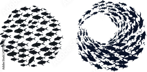 School fish silhouette. Group sea shoal small fishes swim in circle, shoaling and schooling ocean life