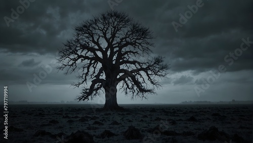 A menacing tree with bark as black as night  standing alone in a frost-covered field under a bleak sky ai_generated