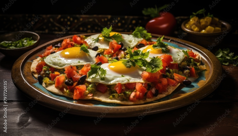 A plate with delicious huevos rancheros, featuring eggs cooked with tomatoes and served as a flavorful breakfast option A plate with delicious huevos rancheros, featuring eggs cooked with tomatoes and served as a flavorful breakfast option