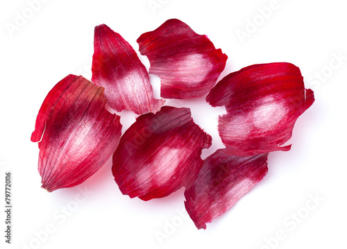 Bright red onion skins, rich in texture and color, captured in high detail against a white background, isolated with a natural shadow © Jacek Fulawka