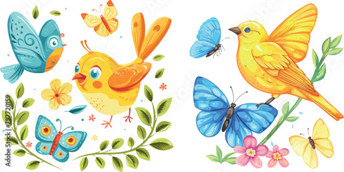 Birds and butterflies. Funny spring butterfly and yellow bird
