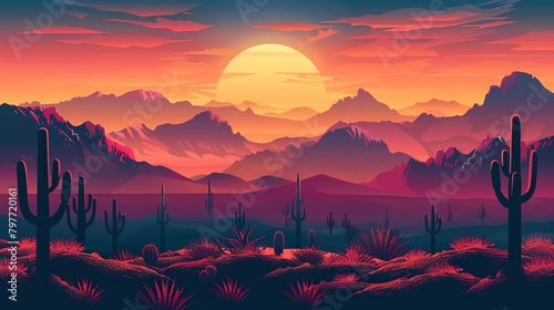 Desert landscape with cacti and sun, dry and hot, vector art, simplified plant shapes, warm colors, no animals