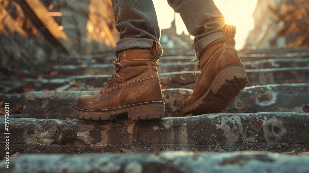 Warm Brown Boots Ascend City Steps in Natural Daylight Warm Brown Boots Ascend City Steps in Natural Daylight