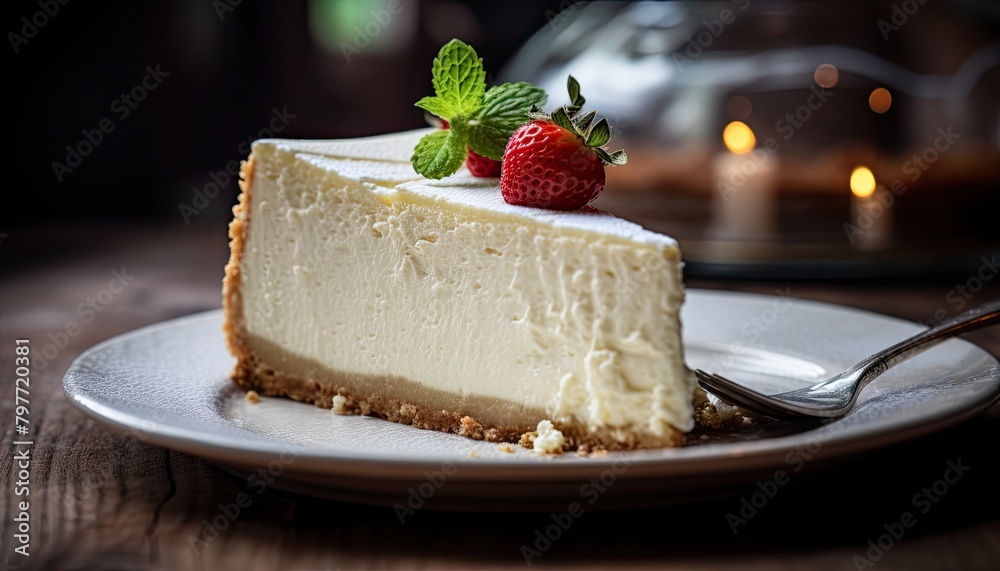 A rich and creamy slice of cheesecake sits on a white plate alongside a fork