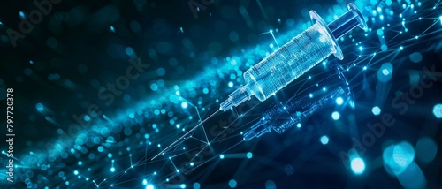 technology in health, digital blue low poly syringe needle with glowing data streams, ai in healthcare systems, medical diagnostics, treatment planning algorithms, high tech wireframe syringe.