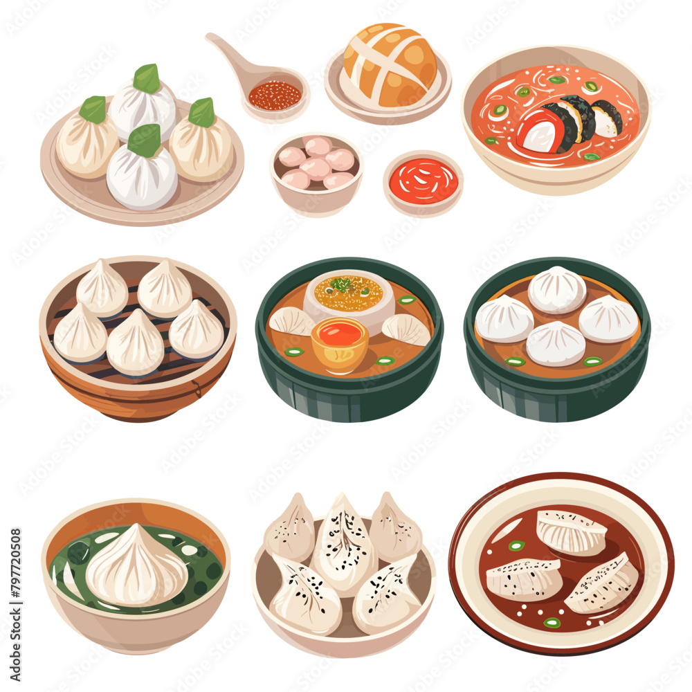 Dim sum and dumplings, chinese dim sum vector illustration.