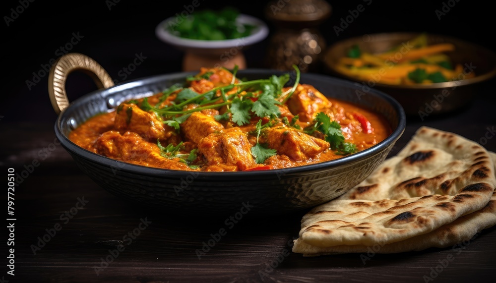 A bowl of chicken curry sits next to pita bread, ready to be enjoyed