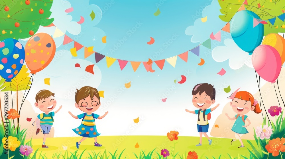Happy Children Celebrating Outdoor Party with Balloons and Confetti Happy Children Celebrating Outdoor Party with Balloons and Confetti