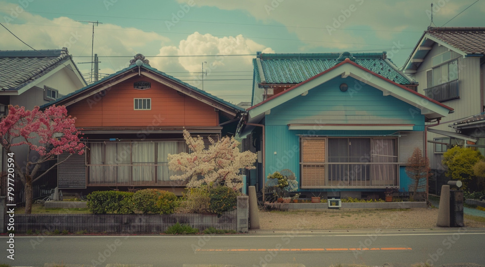 two houses that look exactly like each other, 1930s, japanese house, front yard very clean, retro color