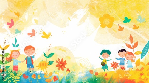Whimsical Children Playing in a Sunny Floral Meadow