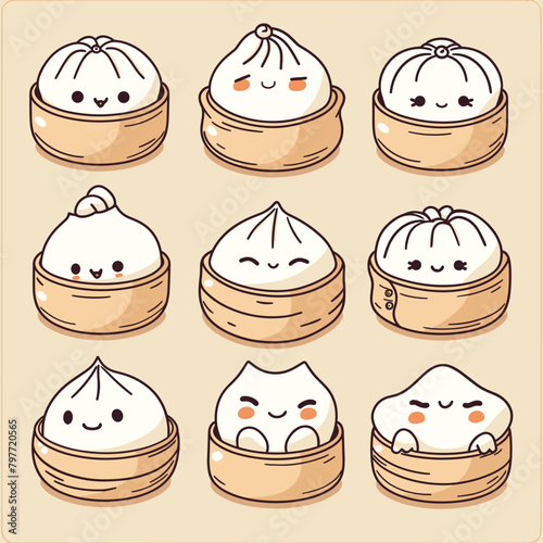 Illustration of a set of cute Chinese steamed dumplings