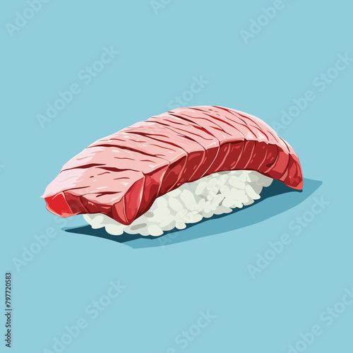 Illustration of a sushi roll with salmon on a blue background.