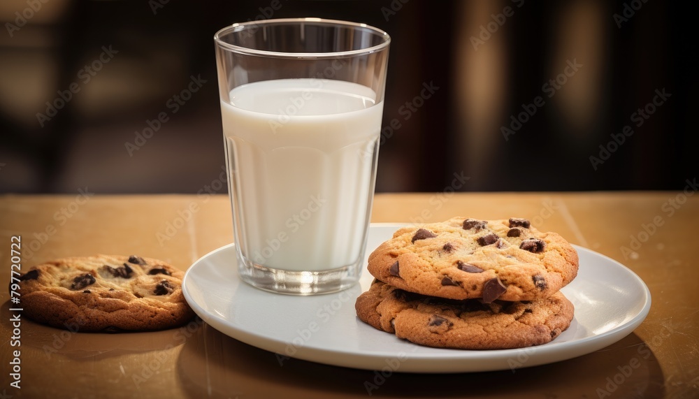 A plate of chocolate chip cookies sits next to a glass of milk on a table A plate of chocolate chip cookies sits next to a glass of milk on a table