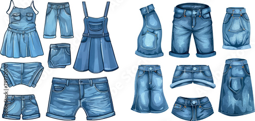 Cartoon denim clothes. Folded jeans clothing pants dresses overalls or skirt, jean fabric summer basic