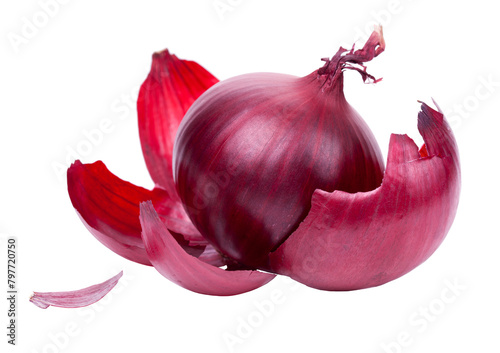 A vibrant red onion with its layers partially peeled, showcasing freshness and quality, isolated on a white background, transparent PNG