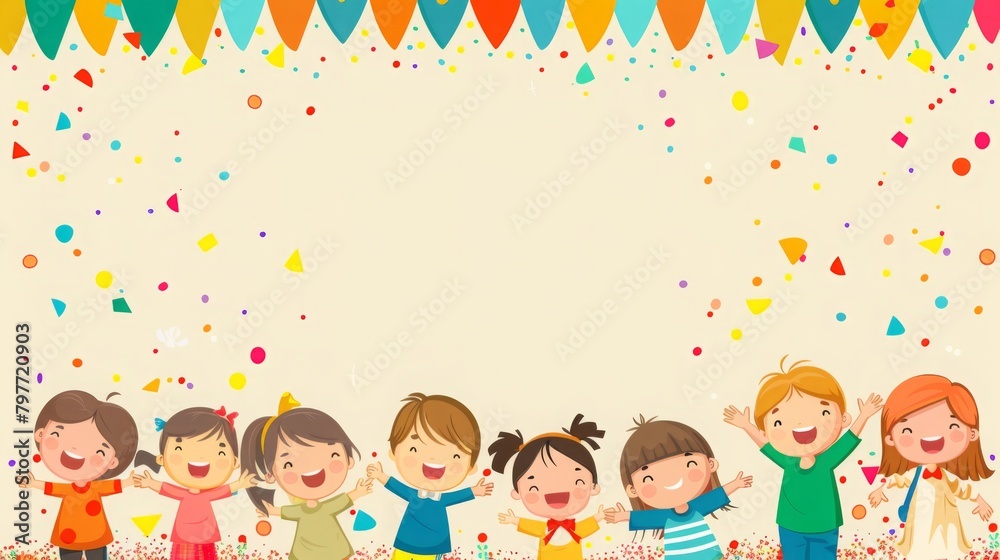 Happy Kids Party Background with Confetti and Bunting Happy Kids Party Background with Confetti and Bunting