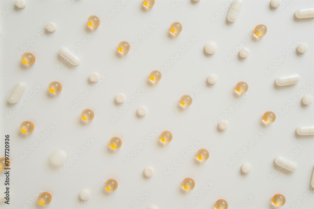 Artistic composition of pill capsules forming a pattern on a white table