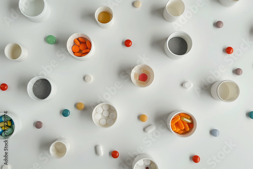 Top-down view of assorted medication containers on a clean, white base
